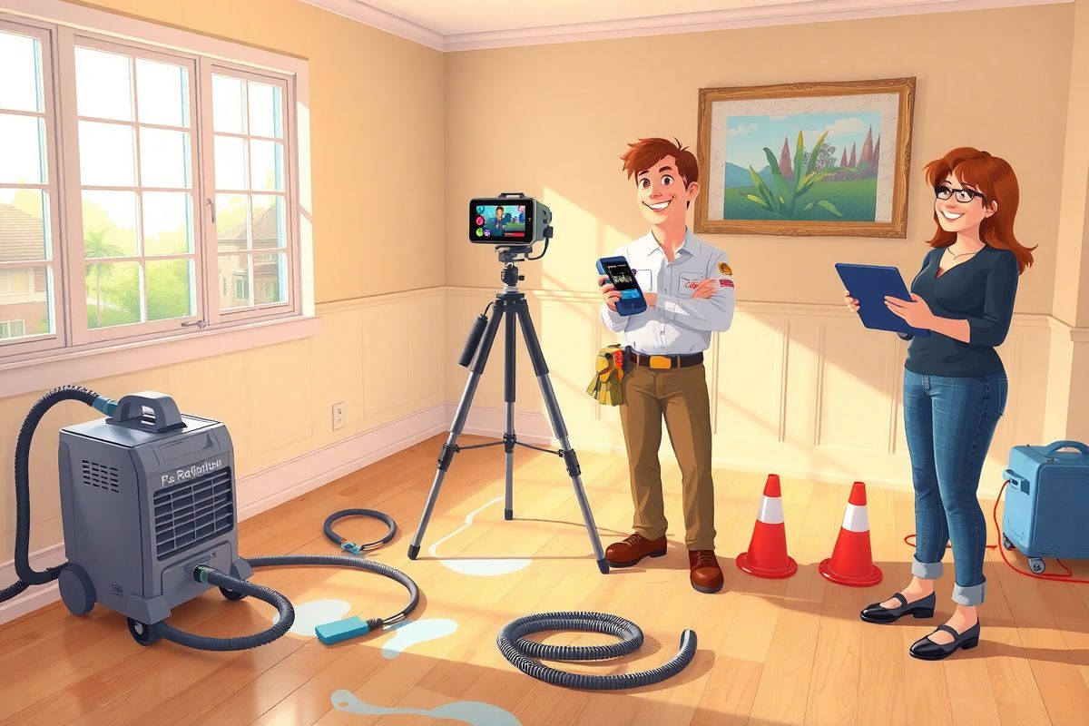 Restoration professional using 360 imaging to document water damage, homeowner satisfied