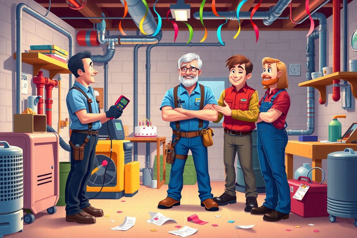 Dan Kirkpatrick retirement celebration - Pixar style illustration of a senior plumbing technician with colleagues and professional equipment in a residential basement