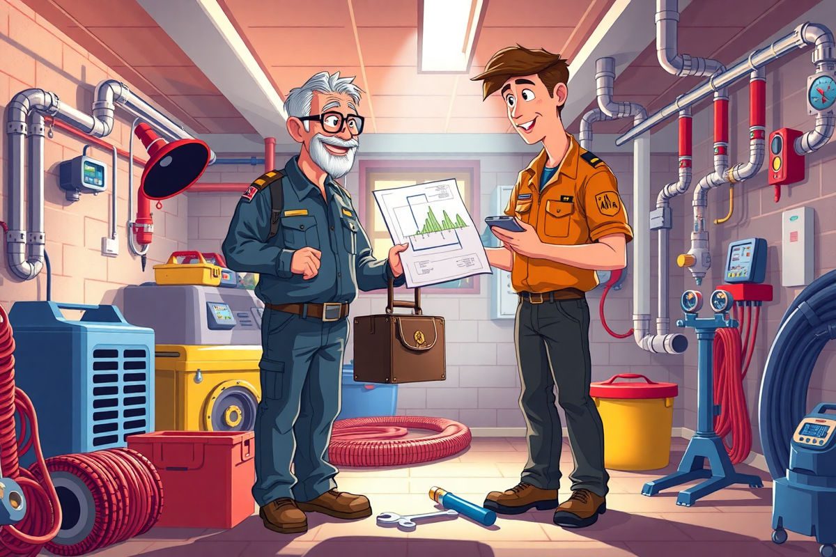 Pixar-style bright colorful cartoon illustration of two restoration technicians in a basement: an experienced technician gently handing a well worn toolbox and a radiant piping sketch to a younger technician, surrounded by professional equipment including a dehumidifier, air movers, moisture meter, coiled PEX pipes, wall-mounted manifold, wrenches, shop light and clipboard with schematic, symbolizing mentorship and knowledge transfer during Dan Kirkpatrick retirement.
