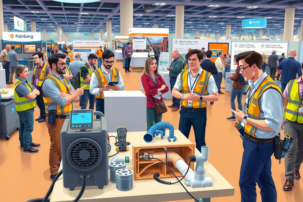 Conference floor scene with contractors and manufacturer reps discussing water damage mitigation tools and plumbing equipment, showing a demo table with a moisture meter, dehumidifier, air mover, pipe fittings, and a cutaway wall