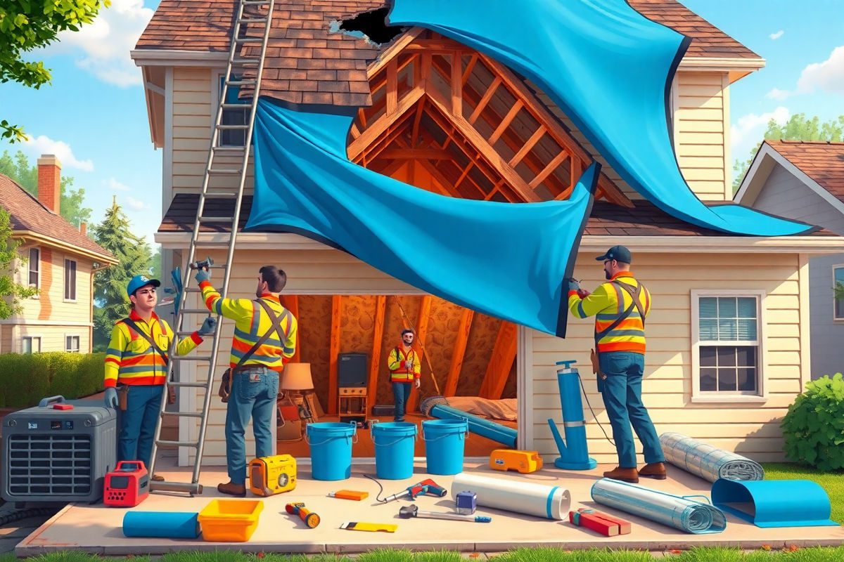 Technicians installing a blue tarp on a storm-damaged roof while dehumidifiers and air movers run in an open attic, with tools and moisture meters visible