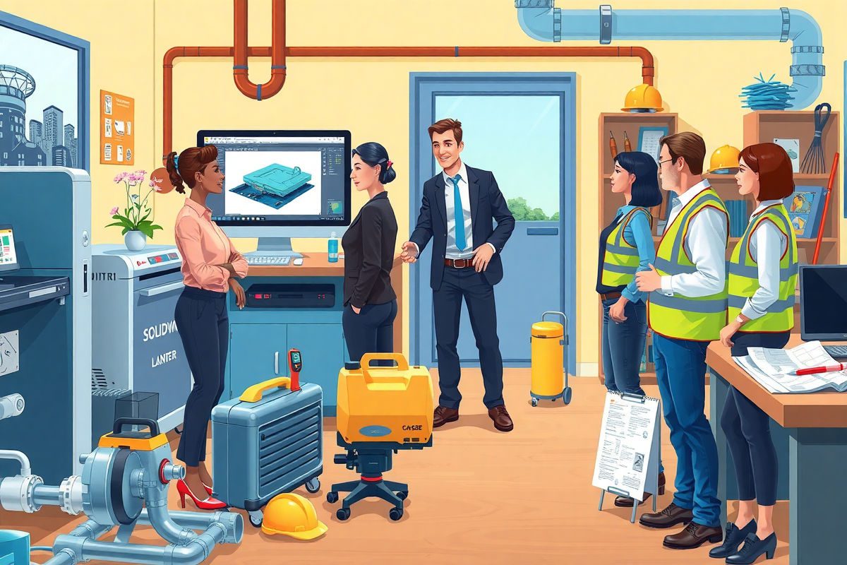 Bright Pixar-style cartoon illustration of a Case Engineering office welcoming a new mechanical engineer with CAD workstation, 3D printer, piping, dehumidifier, air mover, moisture meter, and restoration tools — no text.