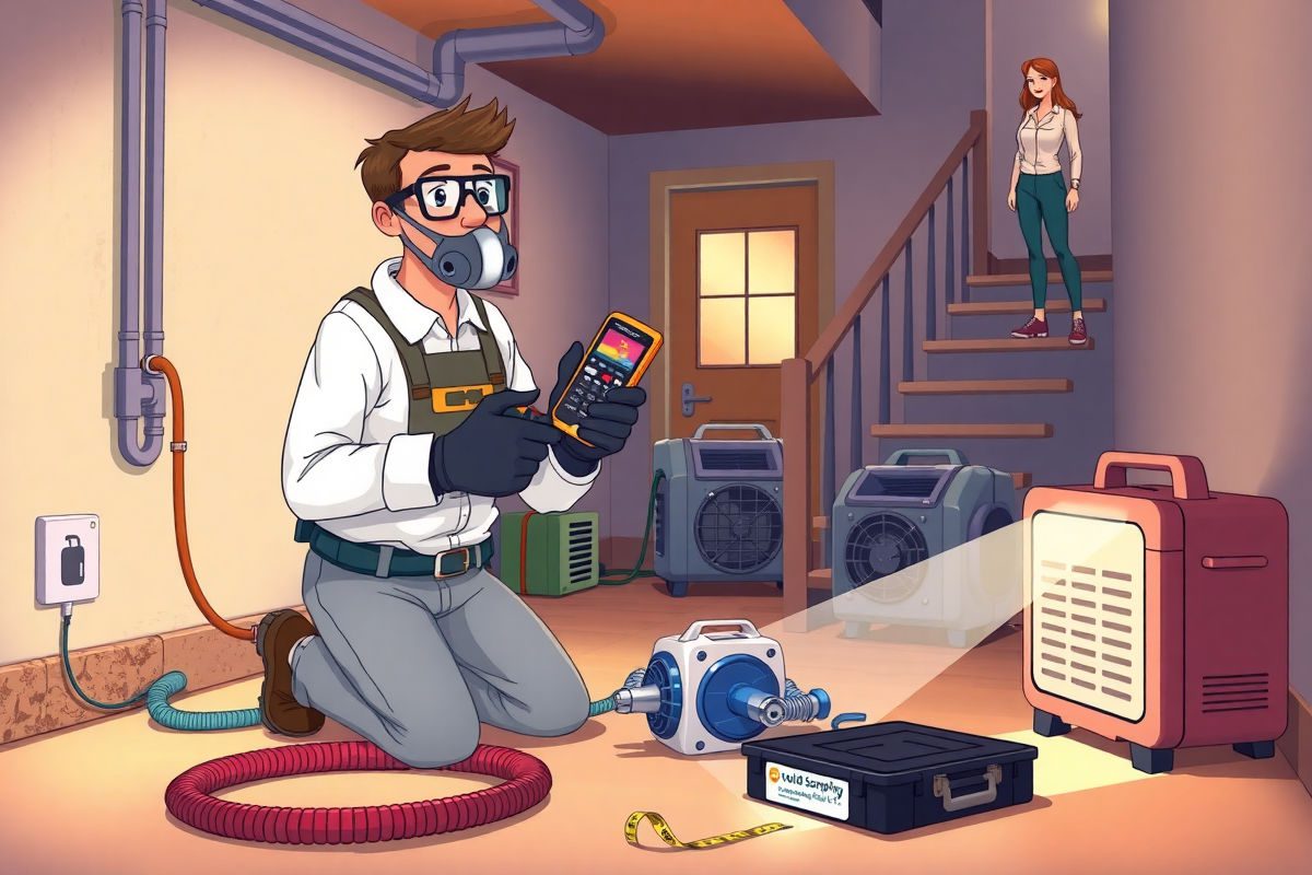 Pixar style technician inspecting a basement for mold with moisture meter and thermal camera