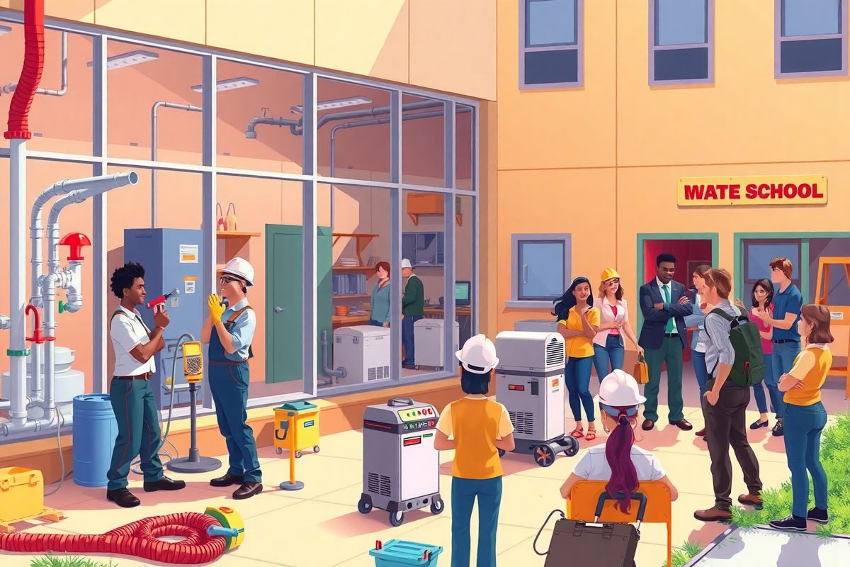 Students and instructors celebrating at NTI's new Southeast Houston campus, hands-on HVAC plumbing and electrical training in fully equipped labs — bright Pixar-style illustration