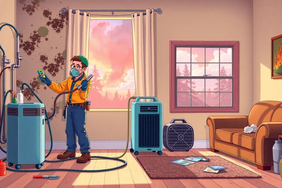 Technicians remediating indoor mold and smoke damage with HEPA scrubbers, dehumidifiers, containment, visible mold spots on drywall, and faint wildfire smoke outside the window