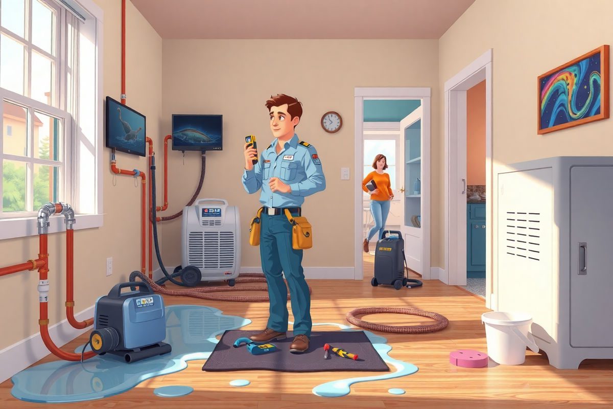 Pixar-style bright colorful cartoon of a professional water damage restoration technician using a moisture meter and thermal imaging camera while operating a submersible pump, dehumidifier, and air movers to remove standing water and dry a home's interior