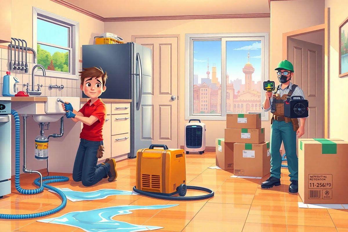 Pixar-style bright colorful cartoon illustration of Toronto restoration technicians performing water damage mitigation and plumbing repairs in a residential kitchen with dehumidifiers, air movers, HEPA air scrubber, moisture meter, thermal imaging camera, containment sheeting, labeled storage boxes, and a distant Toronto skyline visible through the window.