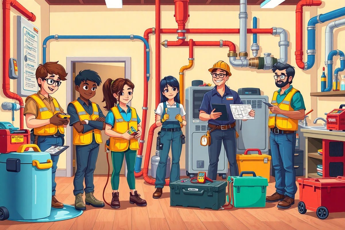 Diverse trainees learning plumbing and HVAC in a bright training workshop