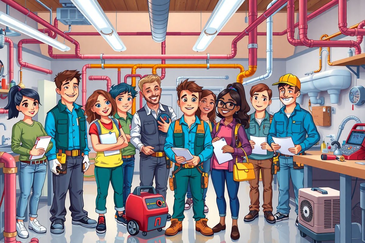 Diverse young adult trade students receiving scholarships and starter tool kits in a bright Pixar-style trade school workshop with realistic plumbing and HVAC tools