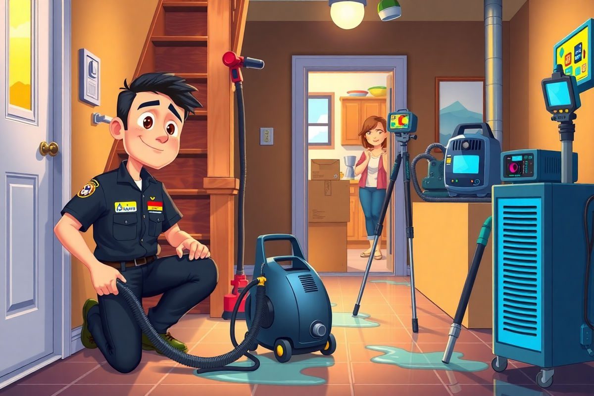 Friendly technician performing water damage restoration in a Thornhill basement, operating pump and dehumidifier