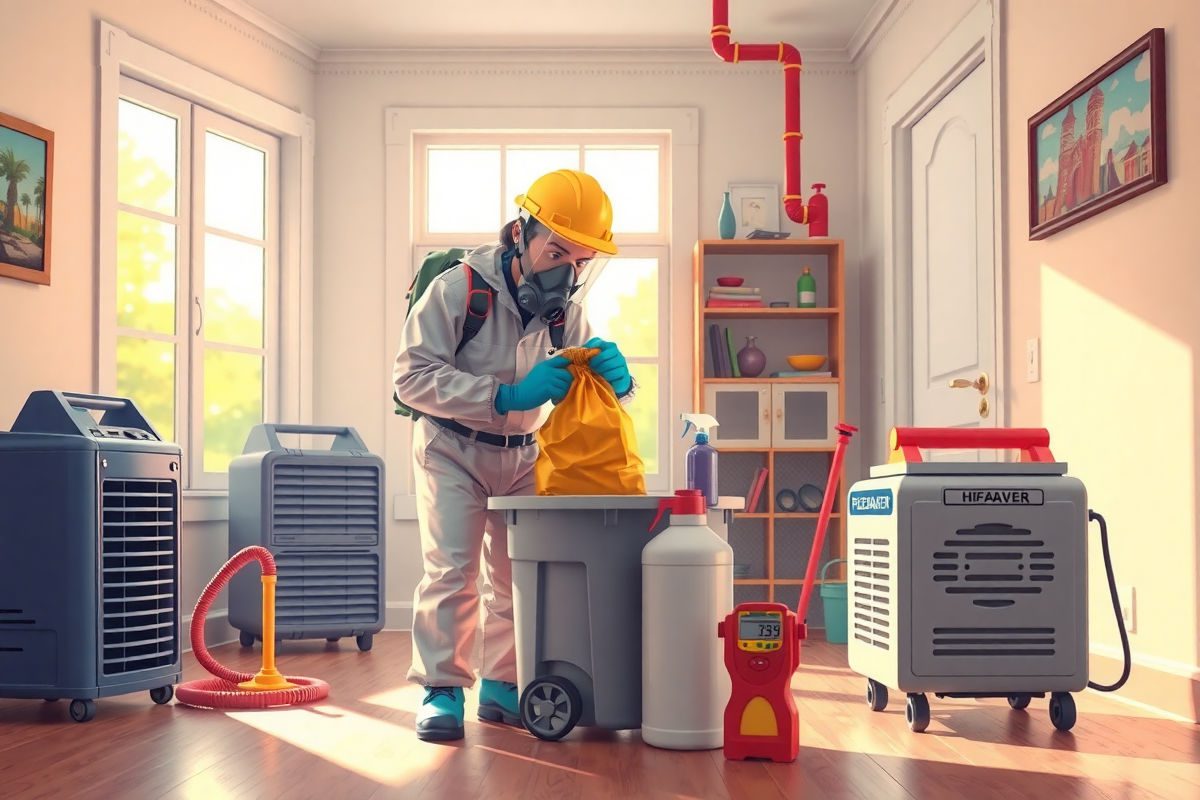 Technician in full PPE sealing a biohazard disposal bag inside a clean, restored home with dehumidifier and HEPA air scrubber visible