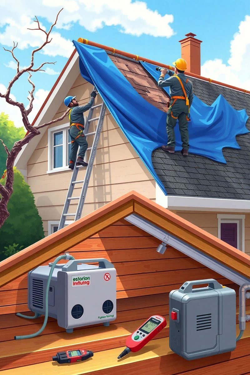 Pixar style bright colorful cartoon illustration showing two restoration technicians installing a heavy-duty blue tarp over damaged asphalt shingles on a suburban roof, ladder, fallen branch at side, attic dehumidifier and air mover visible, and a moisture meter on a wooden beam.