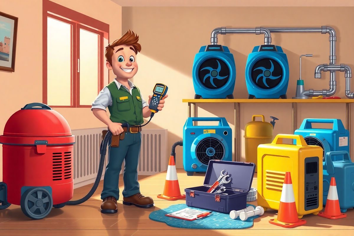 Pixar style bright colorful cartoon of a professional water damage restoration technician inspecting a living room with moisture meter, dehumidifier, air movers, wet vacuum, and toolbox
