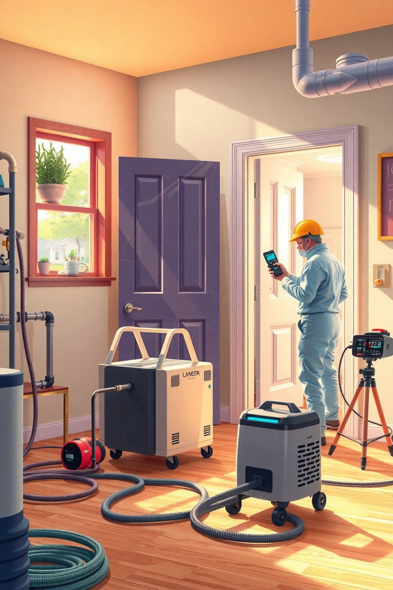 Pixar style bright colorful cartoon illustration of Mold Zero technicians performing mold remediation in a Tampa Bay home