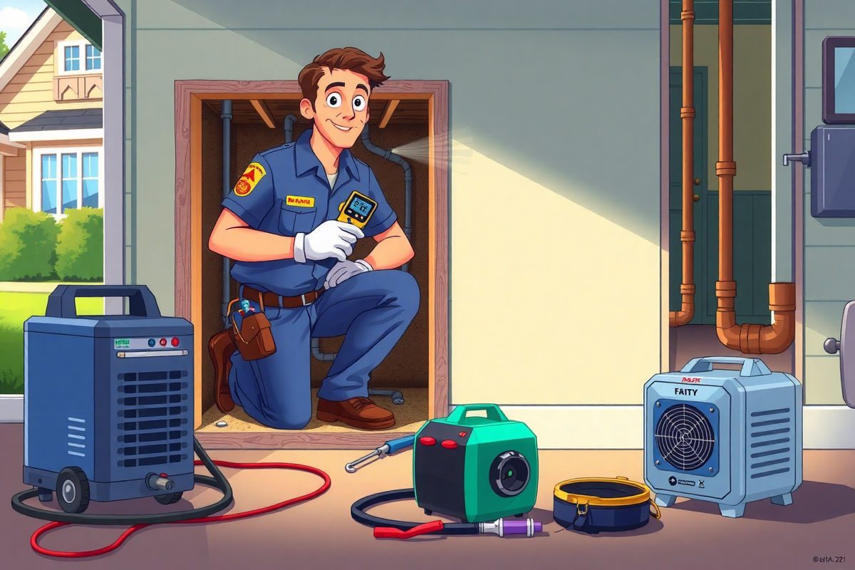 Technician performing a property inspection with moisture meter, dehumidifier, air movers, exposed plumbing and tools in a bright Pixar-style illustration