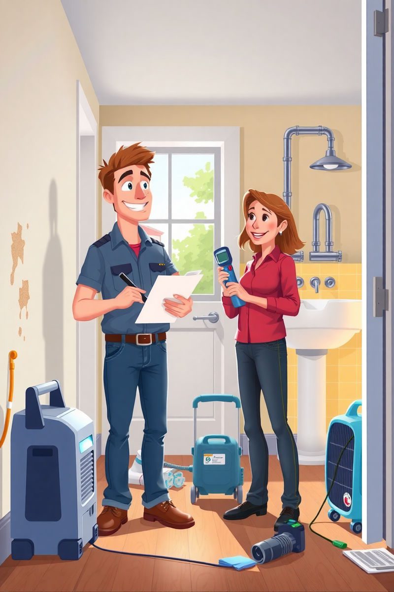 Happy homeowner and certified inspector performing a property inspection, checking a moisture meter and checklist inside a bright home