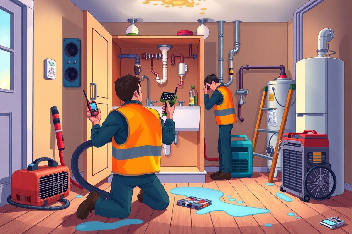 Inspector using moisture meter and thermal camera to examine plumbing under sink with dehumidifier and air mover running — bright Pixar-style cartoon illustration