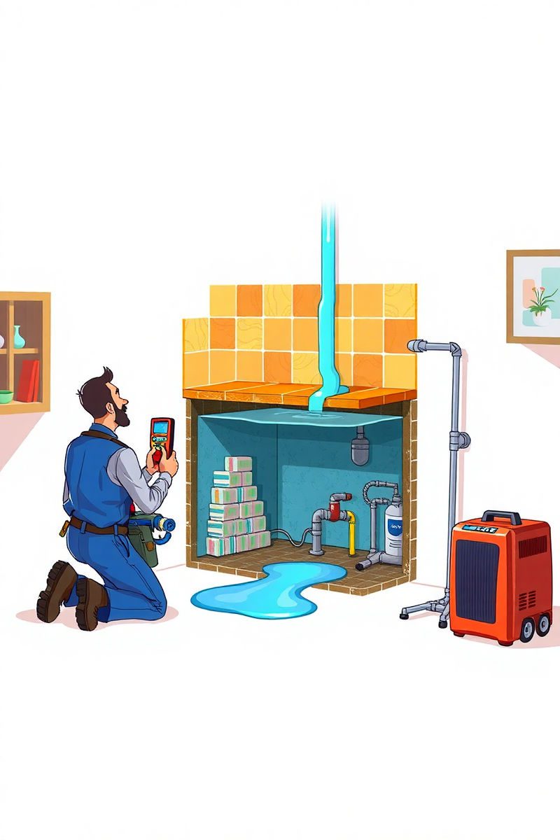 Cross-section cartoon of ceramic tile layers showing tile, thinset, pooled water and concrete slab with a technician using a moisture meter nearby