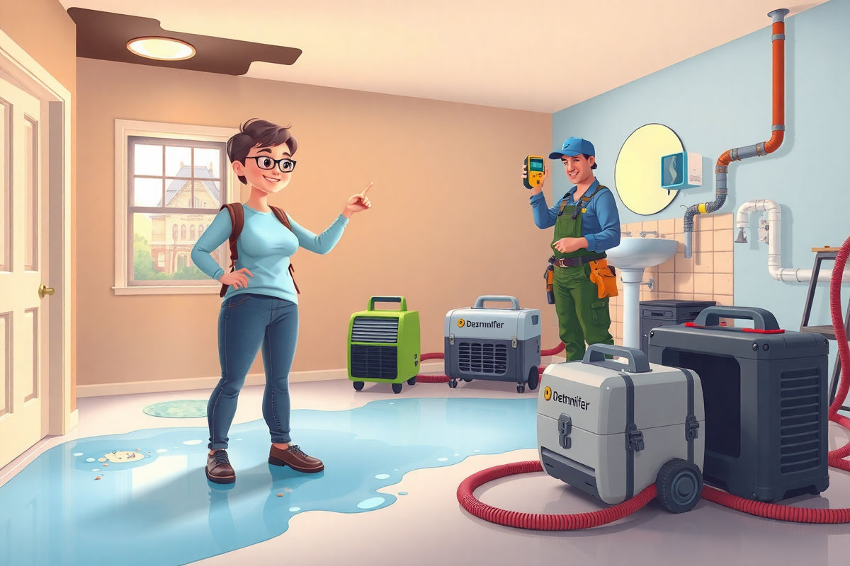 Pixar-style bright colorful cartoon of a homeowner pointing at ceiling and floor water damage while a professional plumber operates a moisture meter and dehumidifier